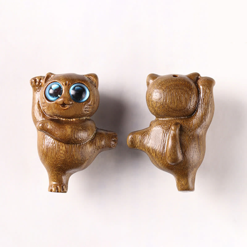 Figurine de chat dansant en bois de santal vert 3,7 cm Énergie positive