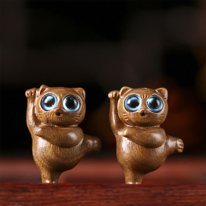 Figurine de chat dansant en bois de santal vert 3,7 cm Énergie positive