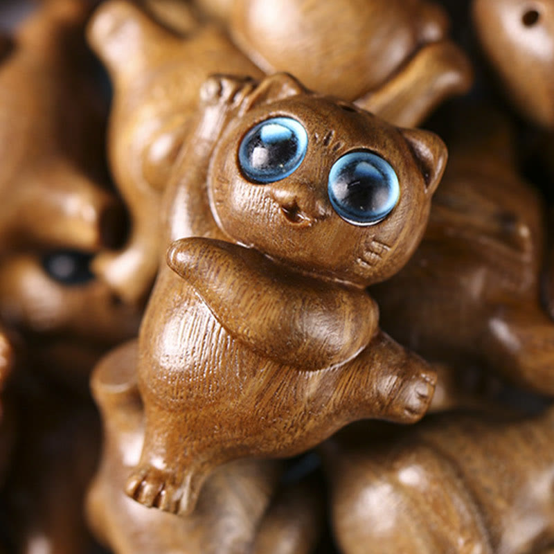 Figurine de chat dansant en bois de santal vert 3,7 cm Énergie positive