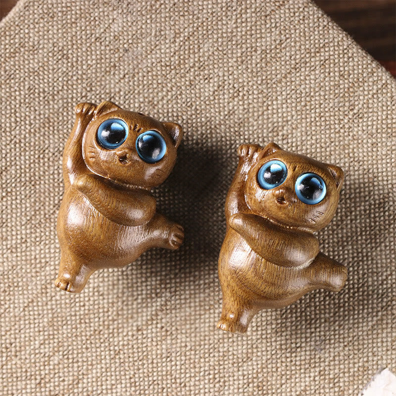 Figurine de chat dansant en bois de santal vert 3,7 cm Énergie positive