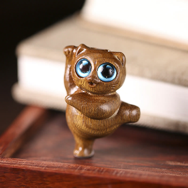 Figurine de chat dansant en bois de santal vert 3,7 cm Énergie positive