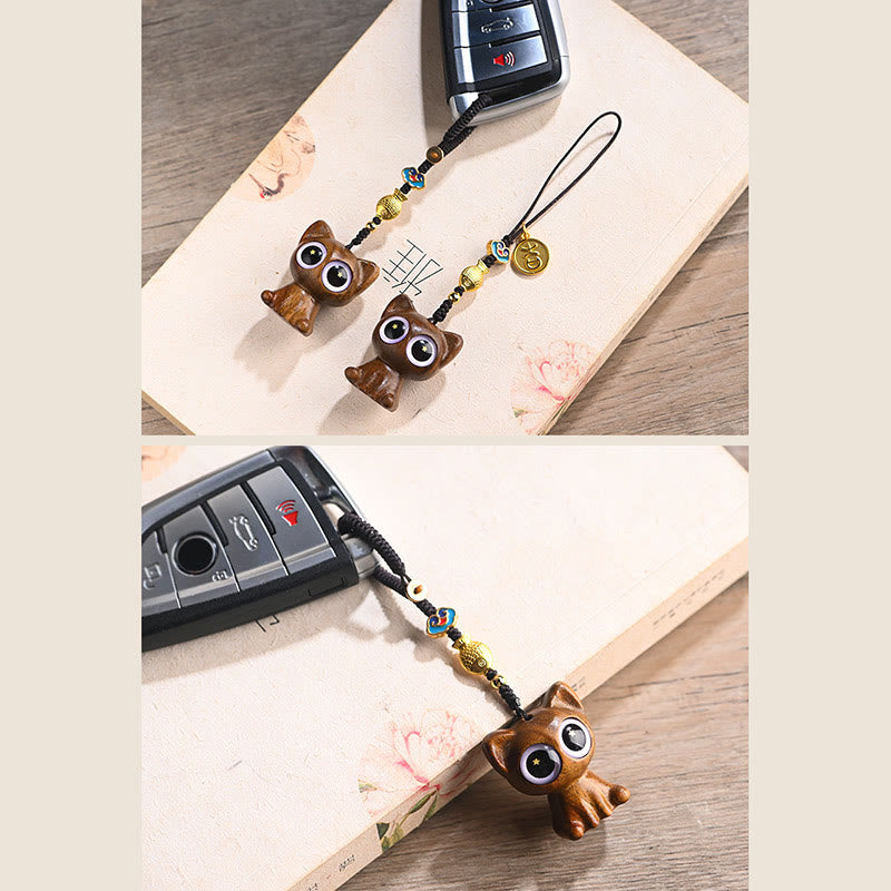 Porte-clés décoratif en forme de chat porte-bonheur en bois de santal vert