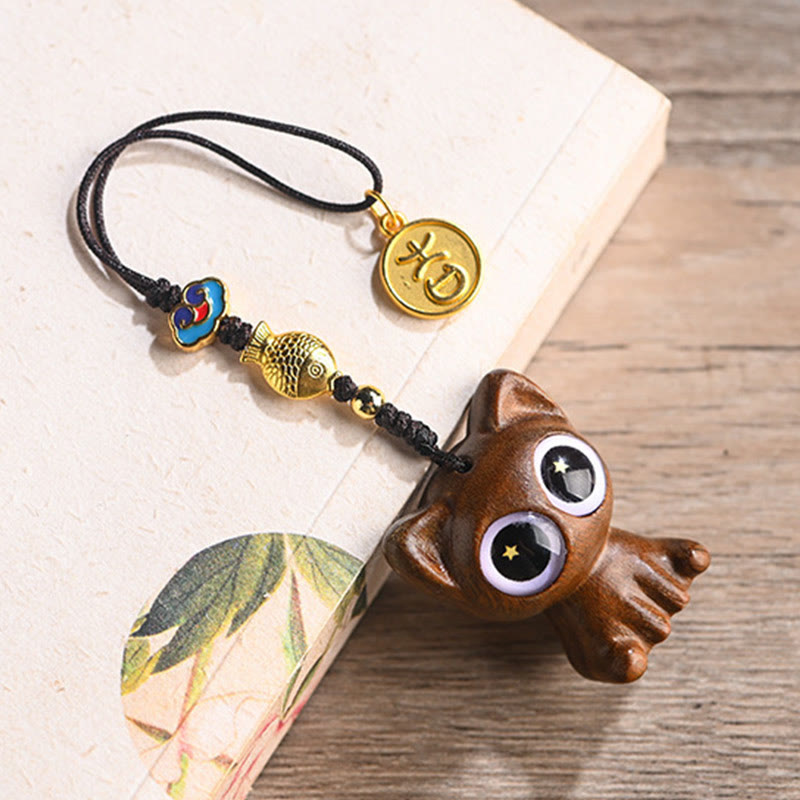Porte-clés décoratif en forme de chat porte-bonheur en bois de santal vert