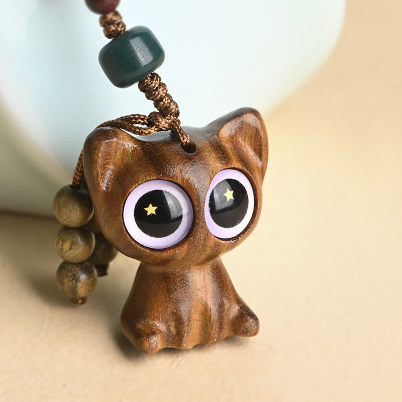 Porte-clés décoratif en forme de chat porte-bonheur en bois de santal vert