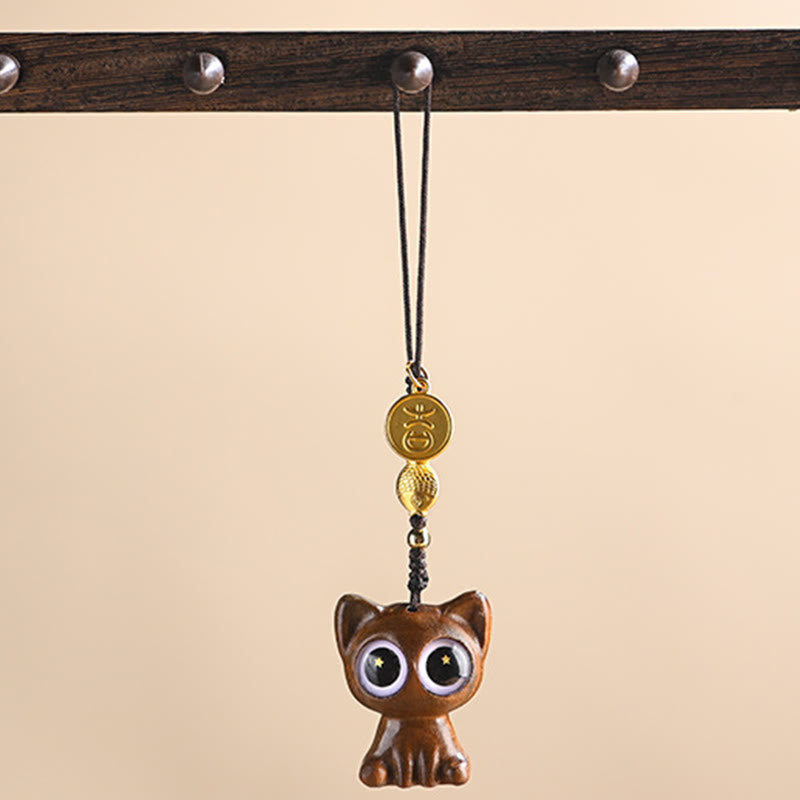 Porte-clés décoratif en forme de chat porte-bonheur en bois de santal vert