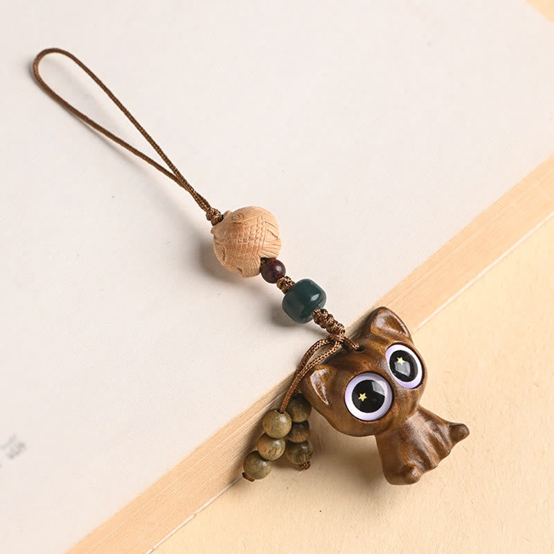 Porte-clés décoratif en forme de chat porte-bonheur en bois de santal vert