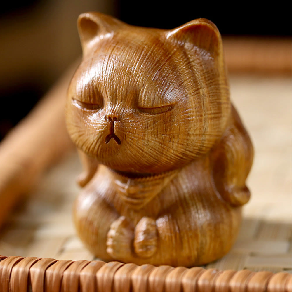 Mini décoration chat porte-bonheur en bois de santal vert 5 cm