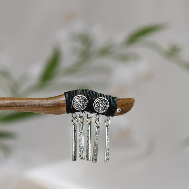 Épingle à cheveux chinoise en bois de santal vert et argent pour l'harmonie et la longévité