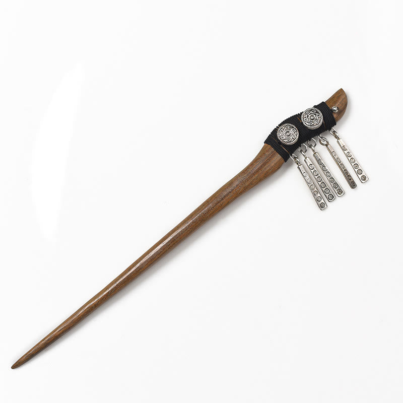 Épingle à cheveux chinoise en bois de santal vert et argent pour l'harmonie et la longévité