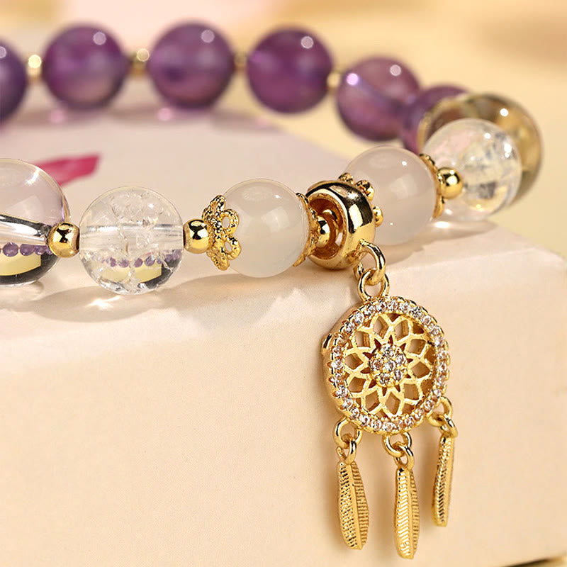 Bracelet de guérison attrape-rêves en quartz fraise vert et améthyste