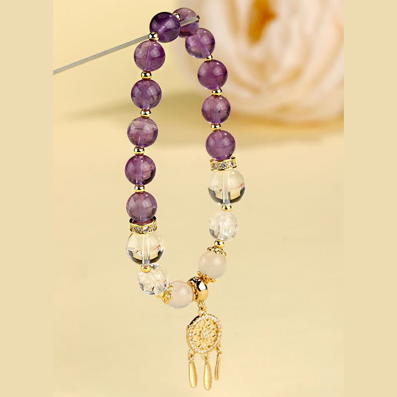 Bracelet de guérison attrape-rêves en quartz fraise vert et améthyste
