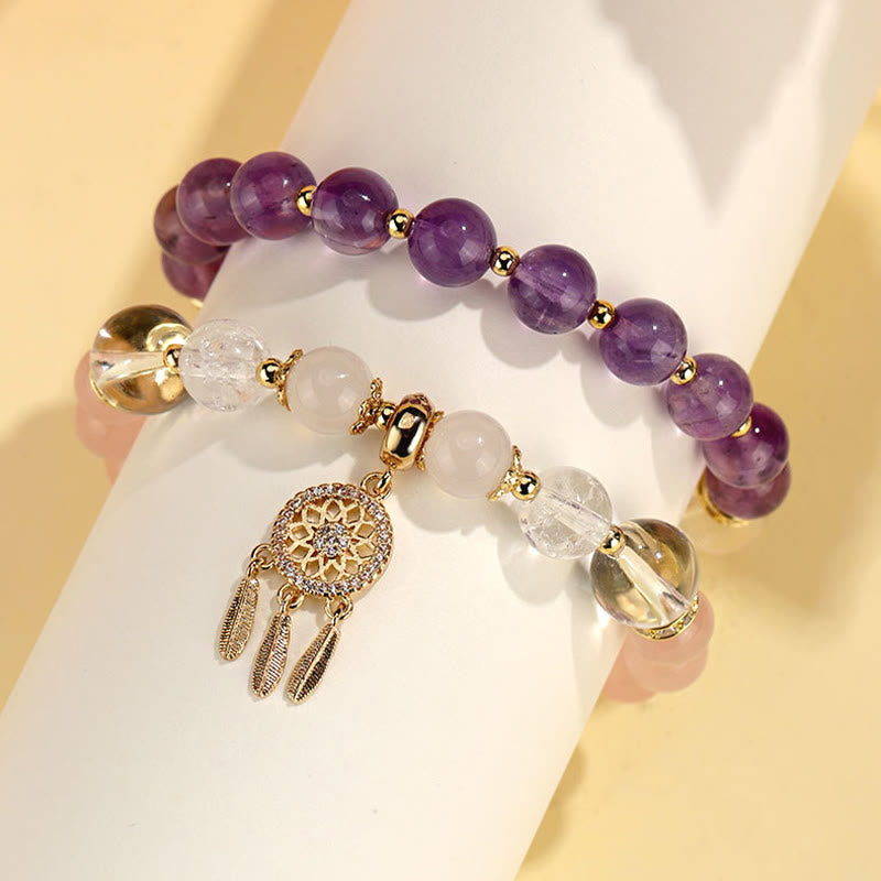 Bracelet de guérison attrape-rêves en quartz fraise vert et améthyste