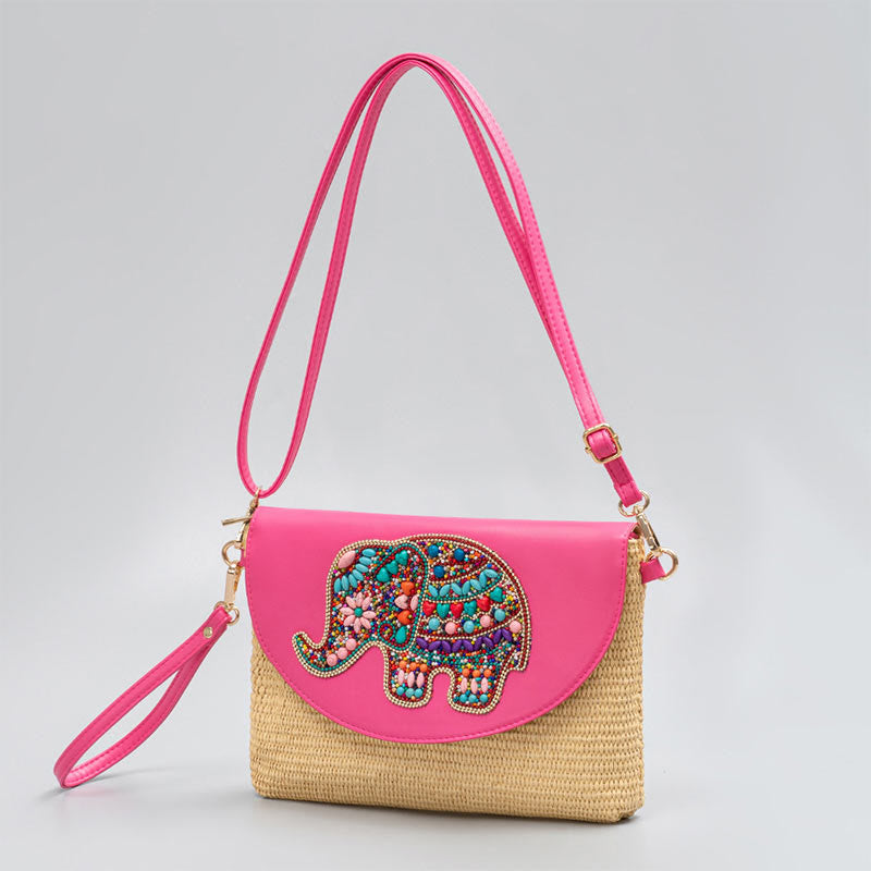 Sac bandoulière en paille Hamsa avec motifs éléphants et fleurs