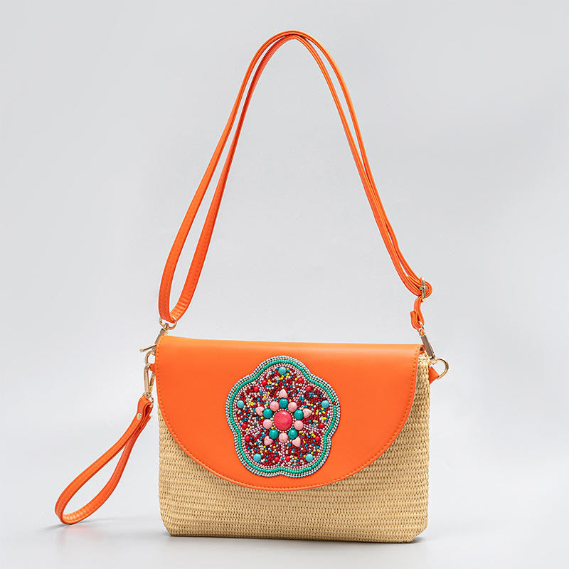 Sac bandoulière en paille Hamsa avec motifs éléphants et fleurs
