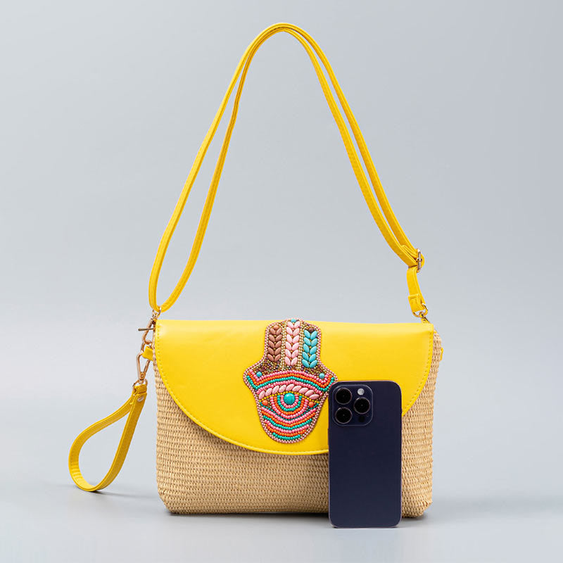 Sac bandoulière en paille Hamsa avec motifs éléphants et fleurs