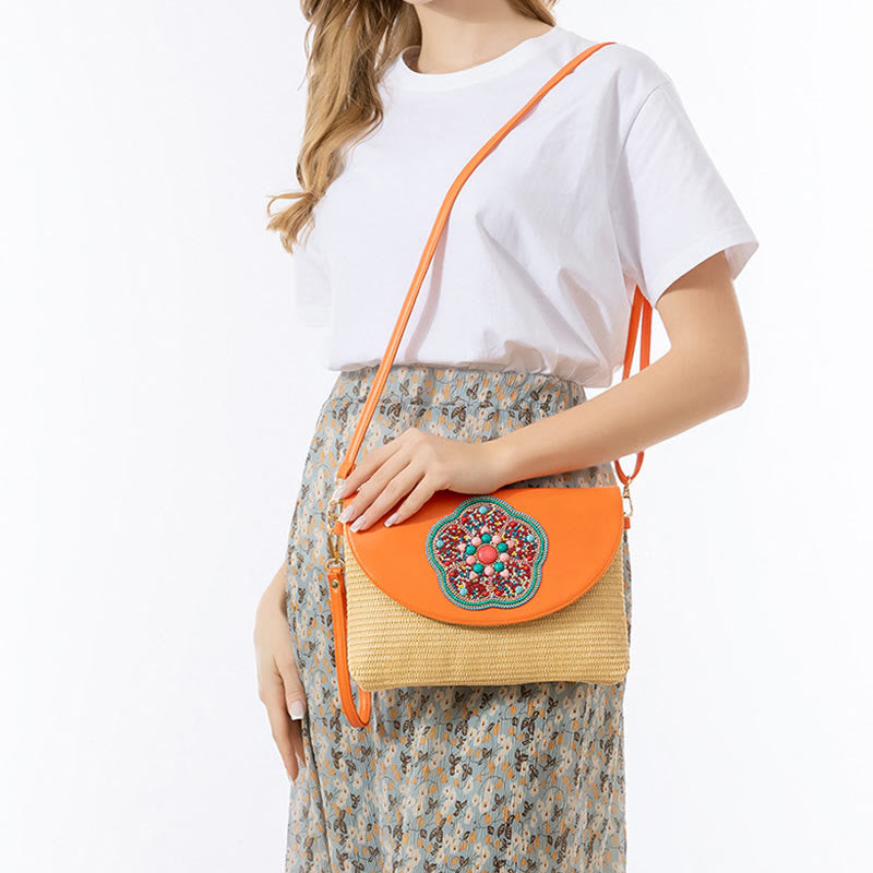Sac bandoulière en paille Hamsa avec motifs éléphants et fleurs