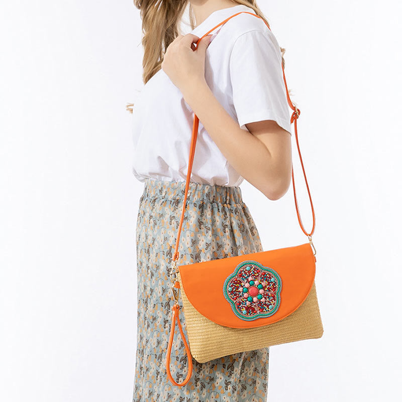 Sac bandoulière en paille Hamsa avec motifs éléphants et fleurs