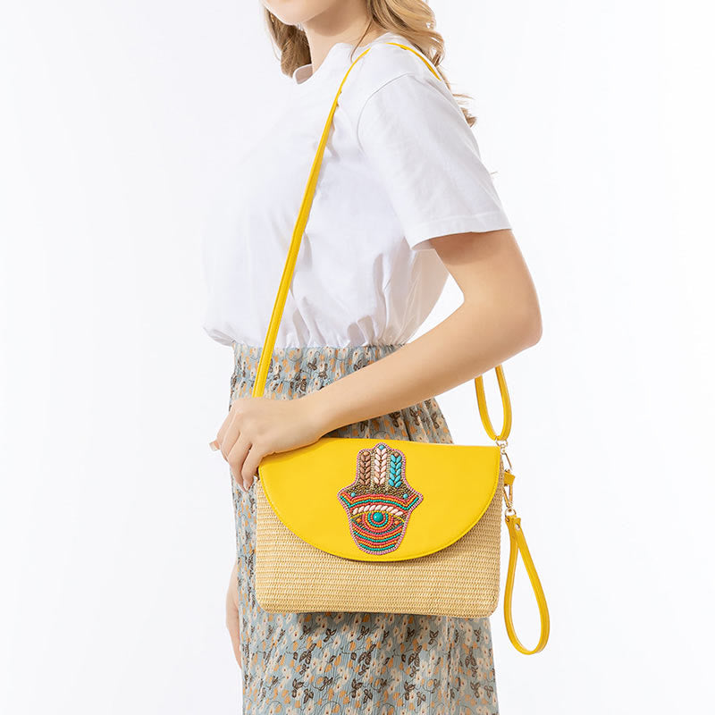 Sac bandoulière en paille Hamsa avec motifs éléphants et fleurs