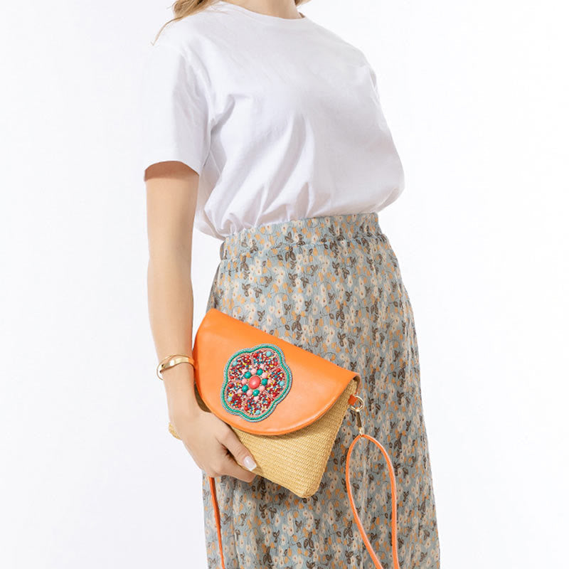 Sac bandoulière en paille Hamsa avec motifs éléphants et fleurs