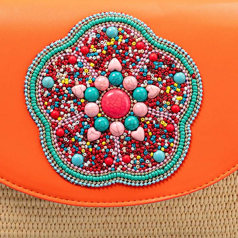 Sac bandoulière en paille Hamsa avec motifs éléphants et fleurs