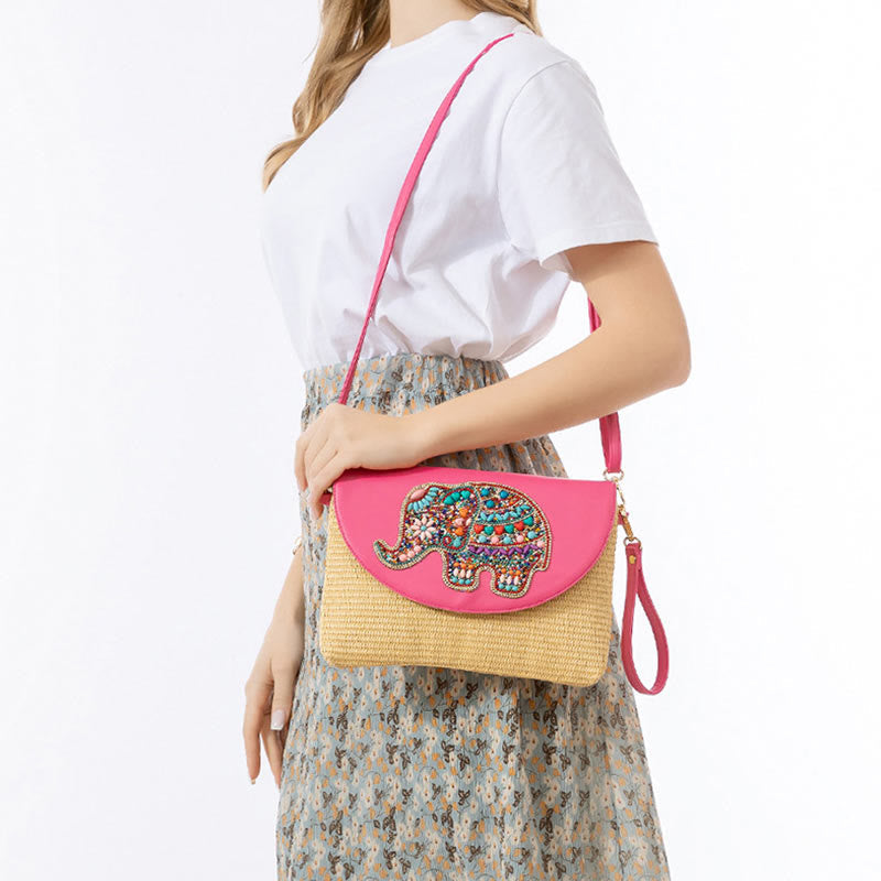 Sac bandoulière en paille Hamsa avec motifs éléphants et fleurs