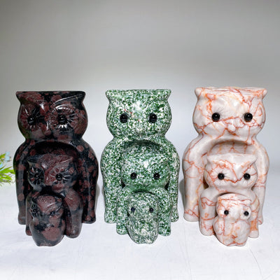 Ensemble de hiboux en cristal sculpté à la main, grenat, jaspe, jade, 2 à 6 pouces