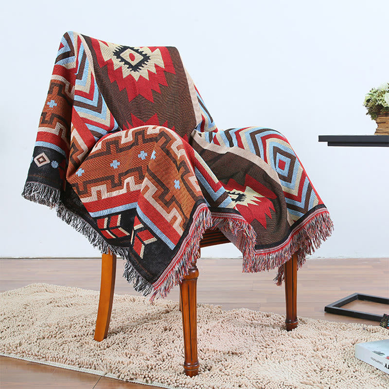 Couverture tibétaine géométrique teinte à la main | Zen Decor Comfort