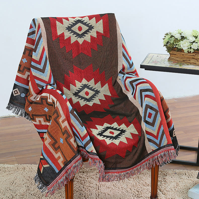 Couverture tibétaine géométrique teinte à la main | Zen Decor Comfort
