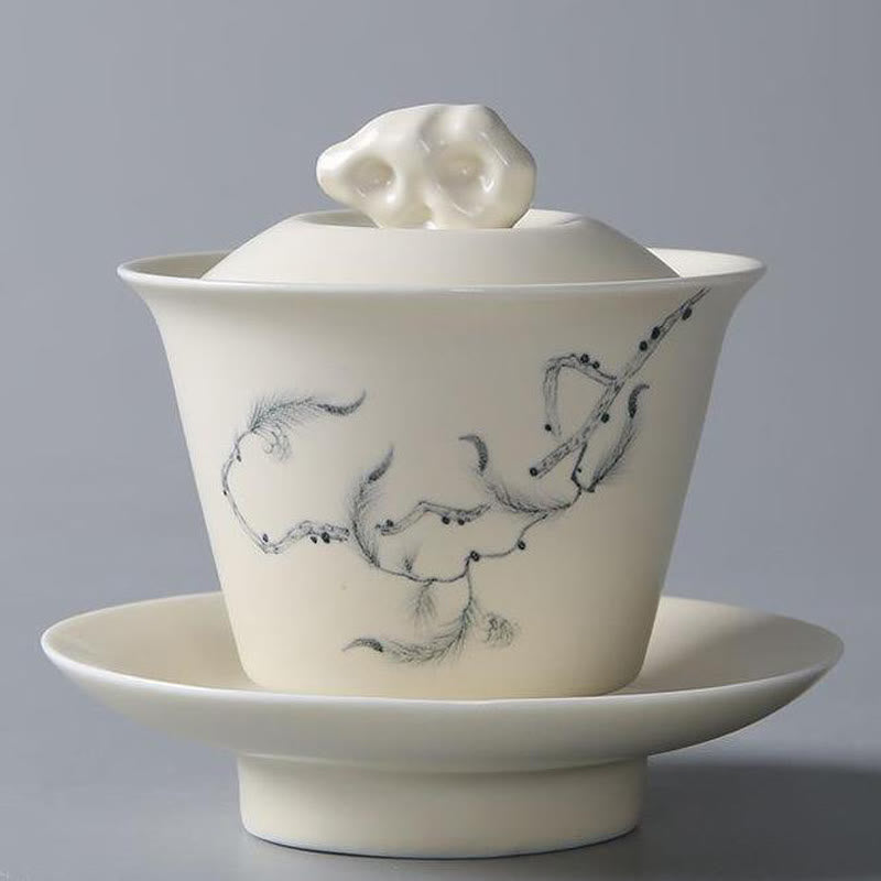 Tasse à thé Gaiwan en céramique peinte à la main avec couvercle 200 ml | Décor Zen