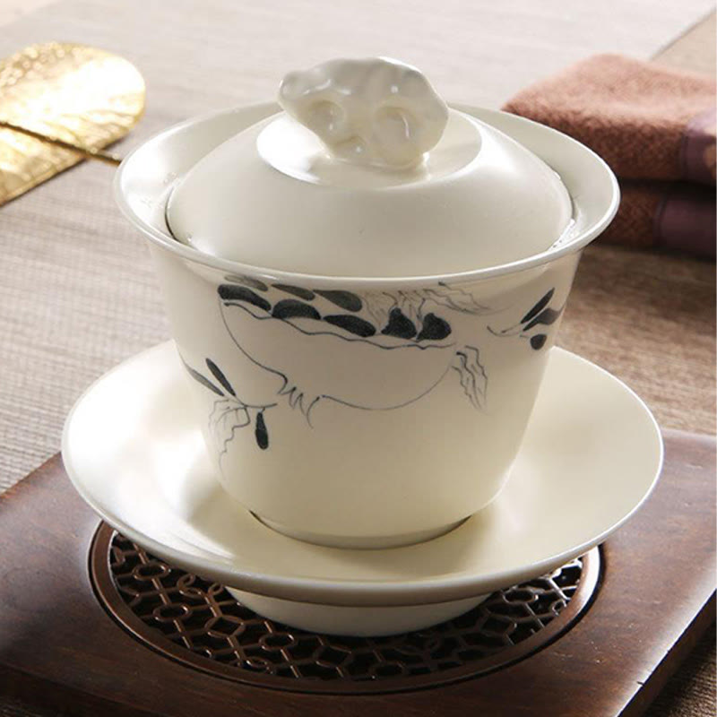 Tasse à thé Gaiwan en céramique peinte à la main avec couvercle 200 ml | Décor Zen