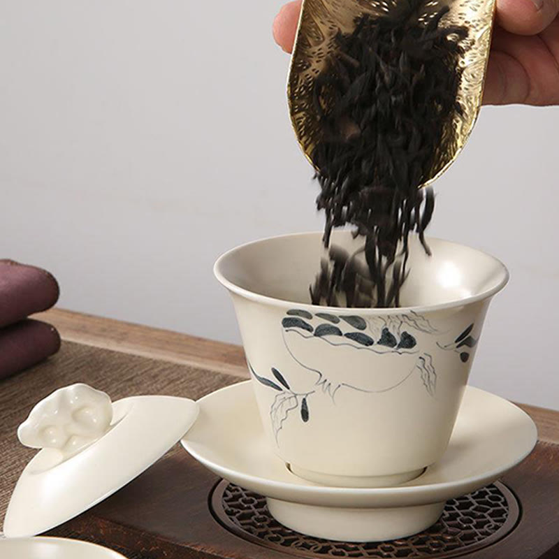 Tasse à thé Gaiwan en céramique peinte à la main avec couvercle 200 ml | Décor Zen