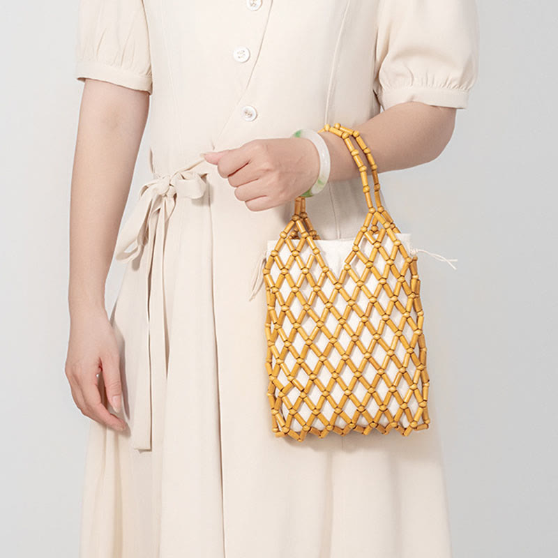 Sac en maille tissée à la main avec perles creuses en bois | Bijoux spirituels