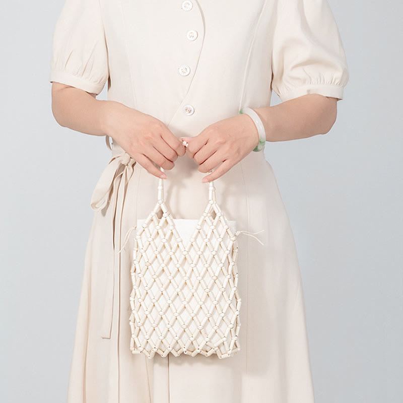 Sac en maille tissée à la main avec perles creuses en bois | Bijoux spirituels