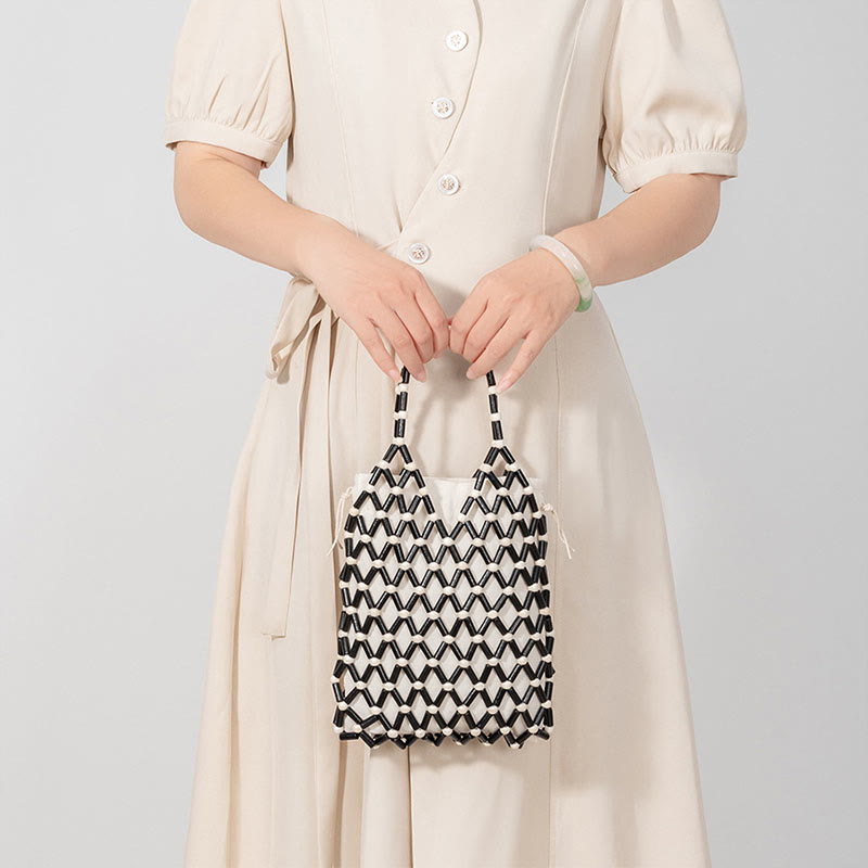 Sac en maille tissée à la main avec perles creuses en bois | Bijoux spirituels