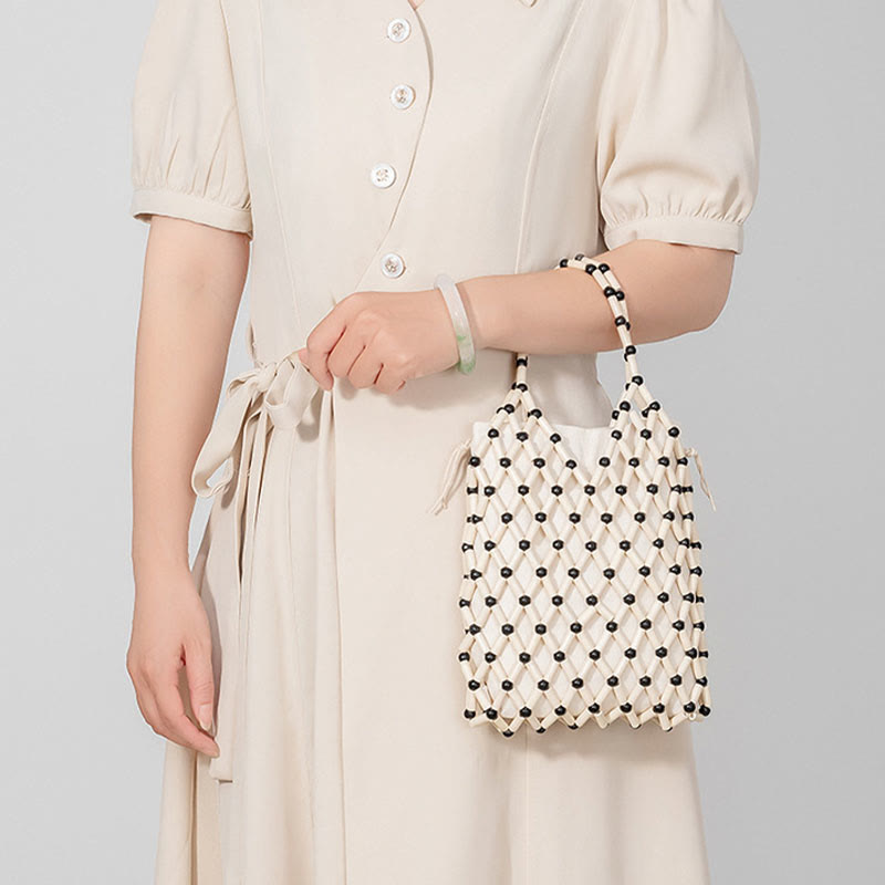 Sac en maille tissée à la main avec perles creuses en bois | Bijoux spirituels