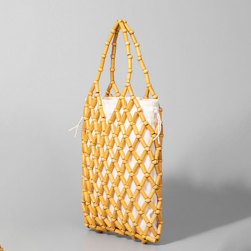 Sac en maille tissée à la main avec perles creuses en bois | Bijoux spirituels