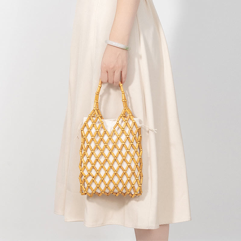 Sac en maille tissée à la main avec perles creuses en bois | Bijoux spirituels