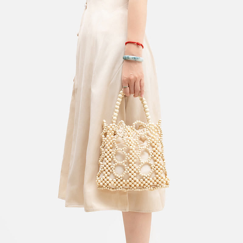 Sac à main en perles rondes creuses en bois tissé à la main - Style bohème