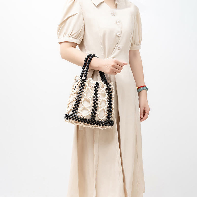 Sac à main en perles rondes creuses en bois tissé à la main - Style bohème