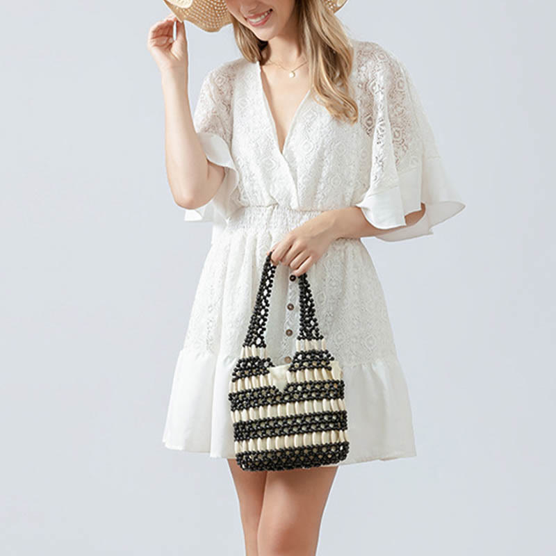 Sac à bandoulière en perles rondes de bois tissées à la main | Accessoire spirituel