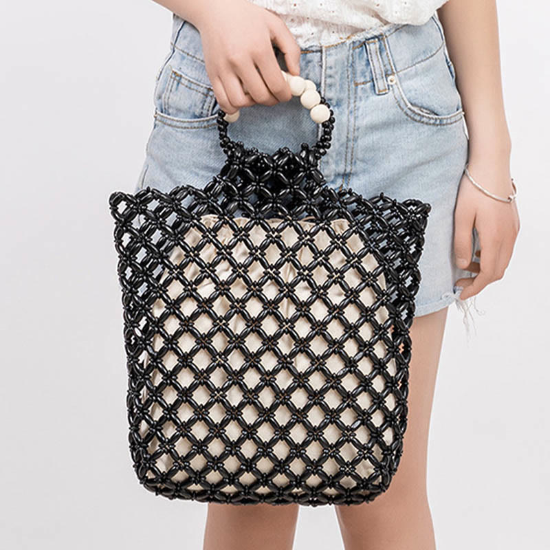 Sac de perles en bois tissé à la main 30 cm Accessoire écologique