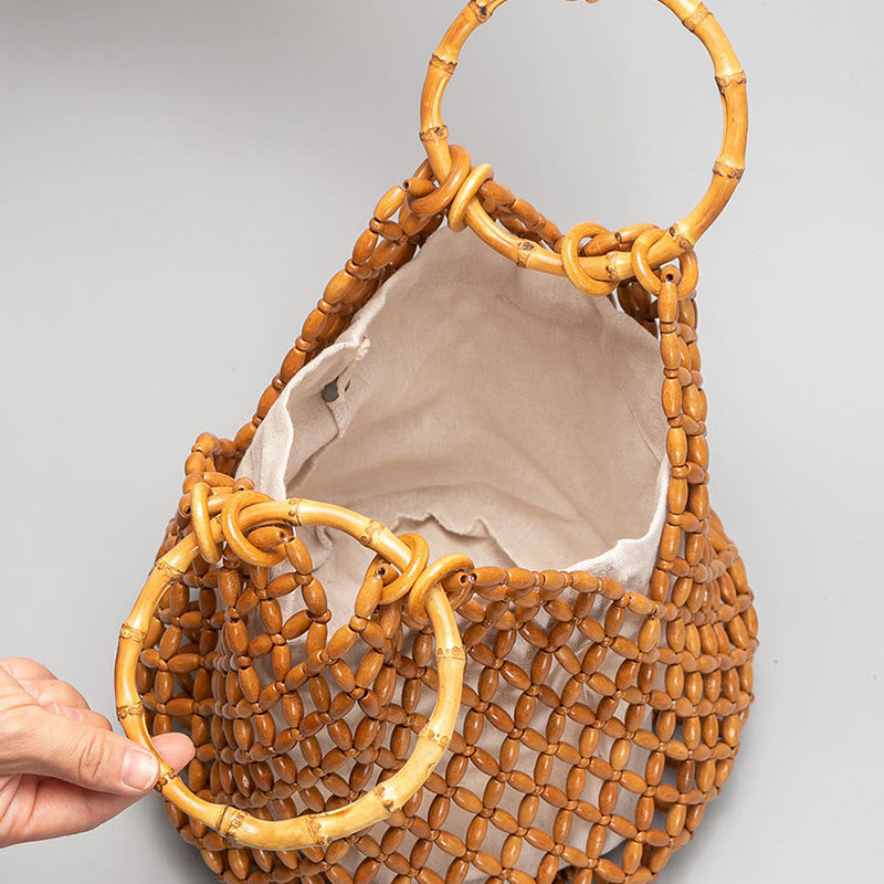 Sac à bandoulière en perles de bois tissées à la main avec poignée en bambou