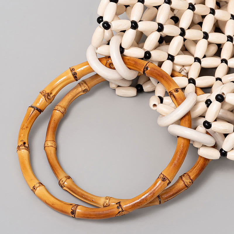 Sac à bandoulière en perles de bois tissées à la main avec poignée en bambou
