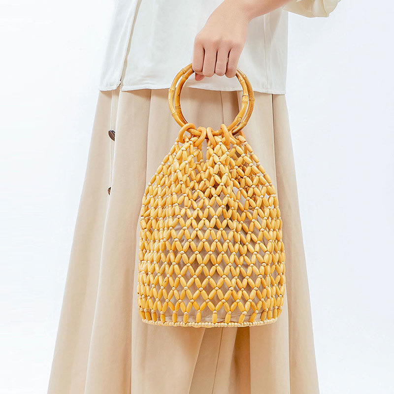 Sac à bandoulière en perles de bois tissées à la main avec poignée en bambou