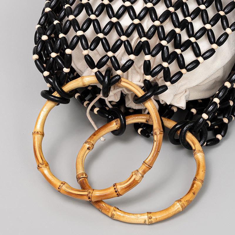 Sac à bandoulière en perles de bois tissées à la main avec poignée en bambou
