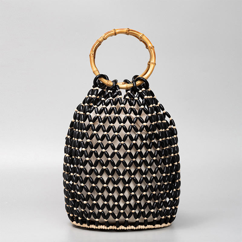 Sac à bandoulière en perles de bois tissées à la main avec poignée en bambou