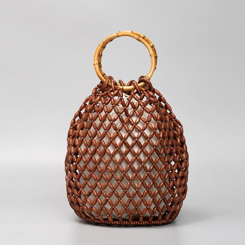 Sac à bandoulière en perles de bois tissées à la main avec poignée en bambou