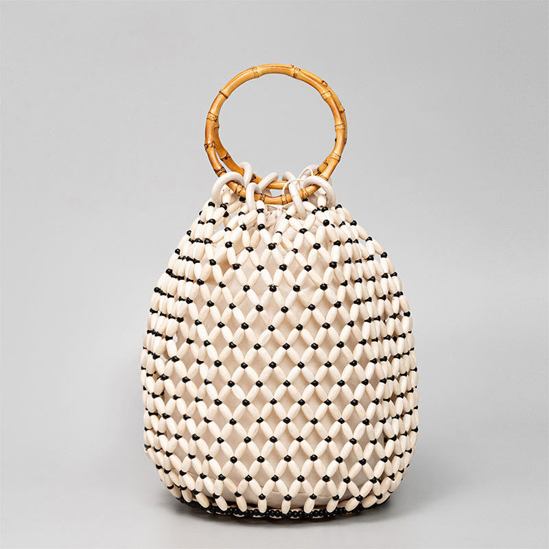 Sac à bandoulière en perles de bois tissées à la main avec poignée en bambou