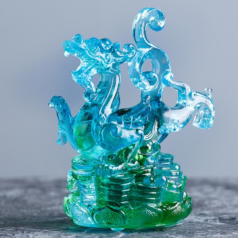 Statue Dragon Azur Liuli Feng Shui faite à la main 11 cm