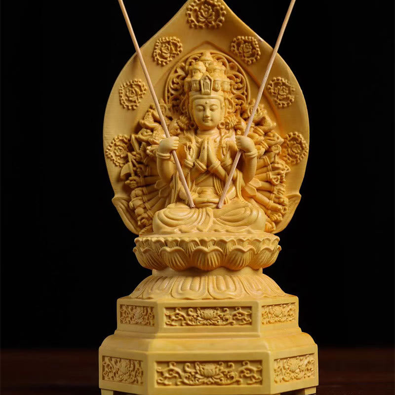 Statue de Kwan Yin en buis faite à la main, sculpture d'Avalokitesvara de 20 cm